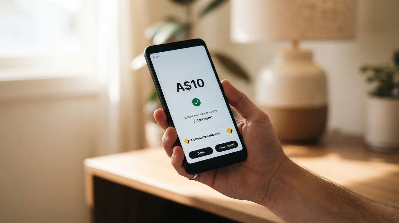 A mobile phone screen showing a PayID transfer confirmation with a A$10 amount and a timestamp under 30 seconds