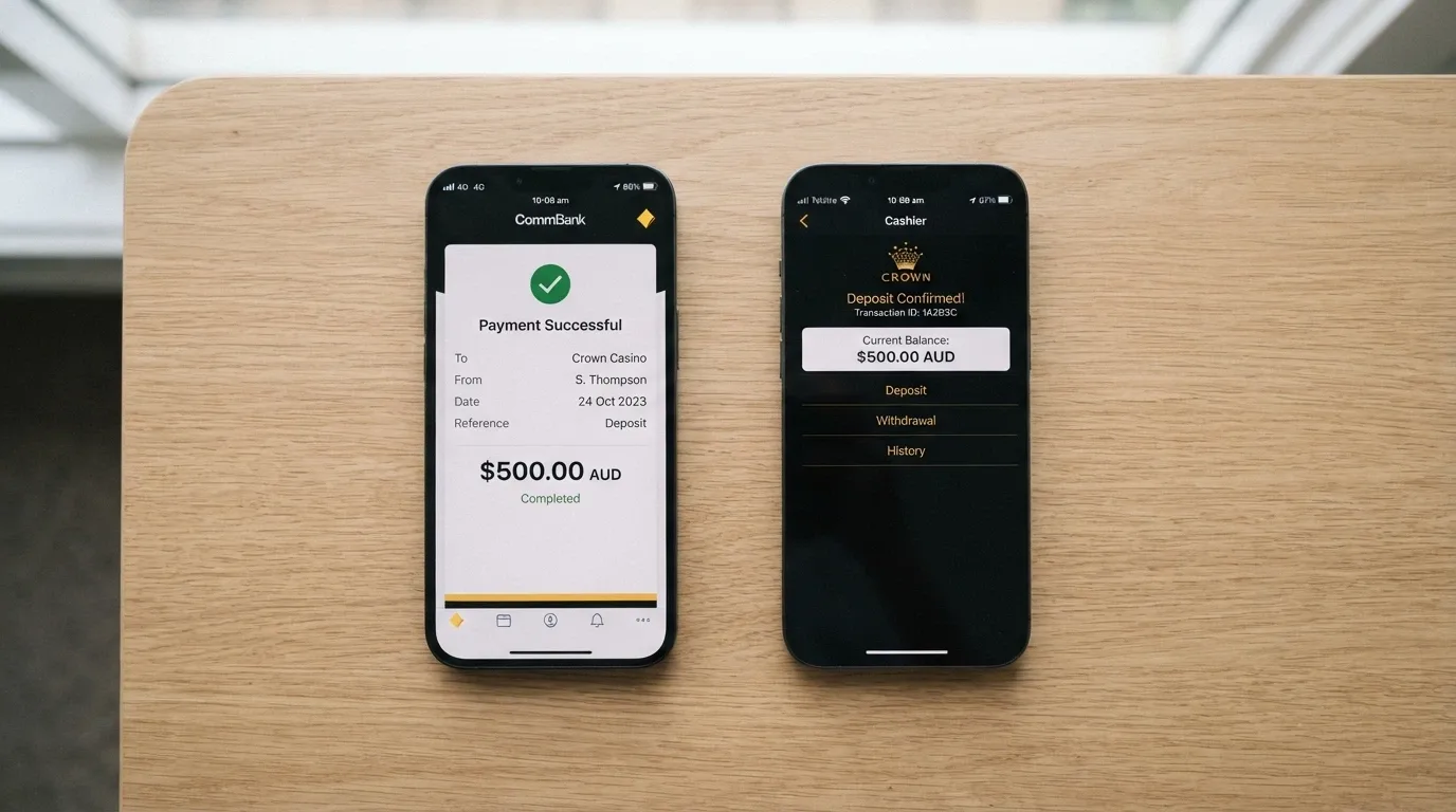 An iPhone screen showing a banking app's PayID transfer confirmation beside a casino deposit screen reflecting the credited balance