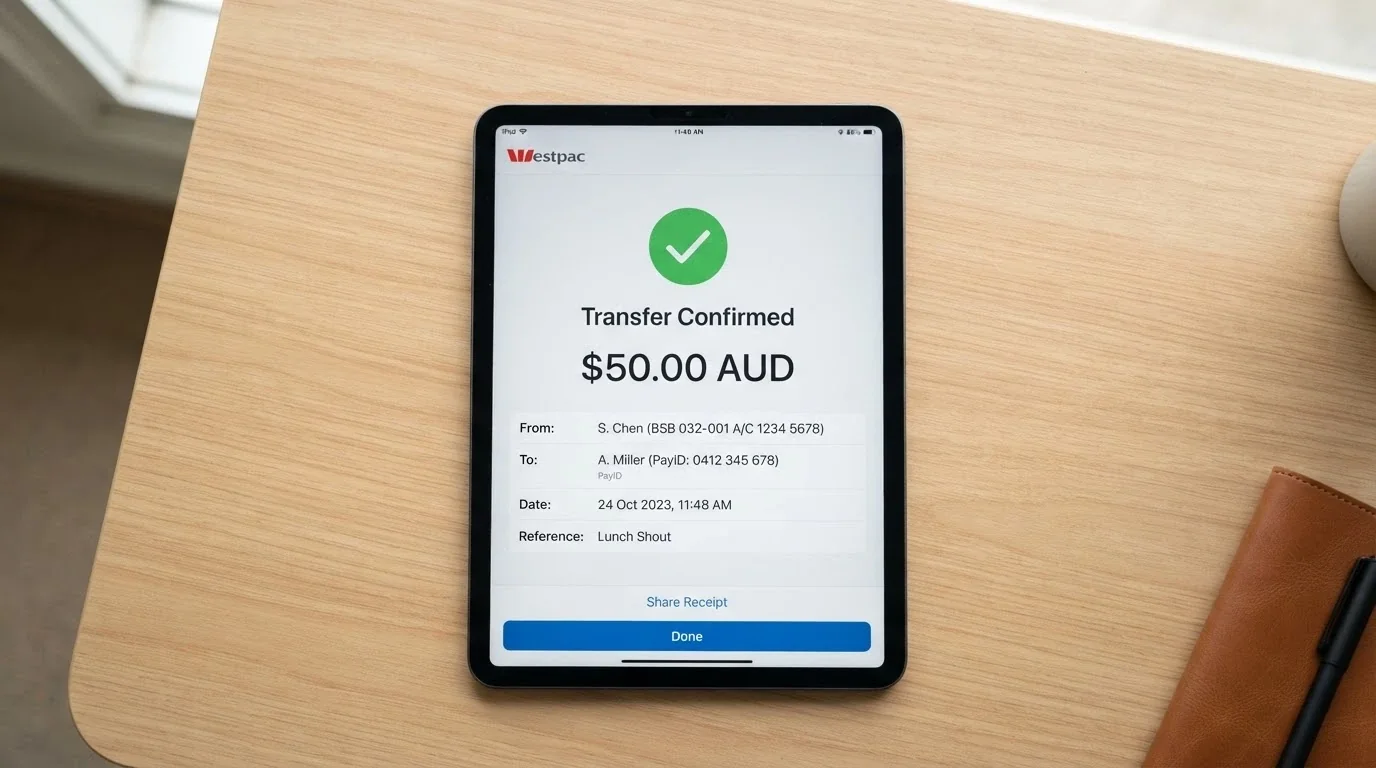 An iPad displaying a PayID bank-transfer confirmation screen with an Australian bank logo