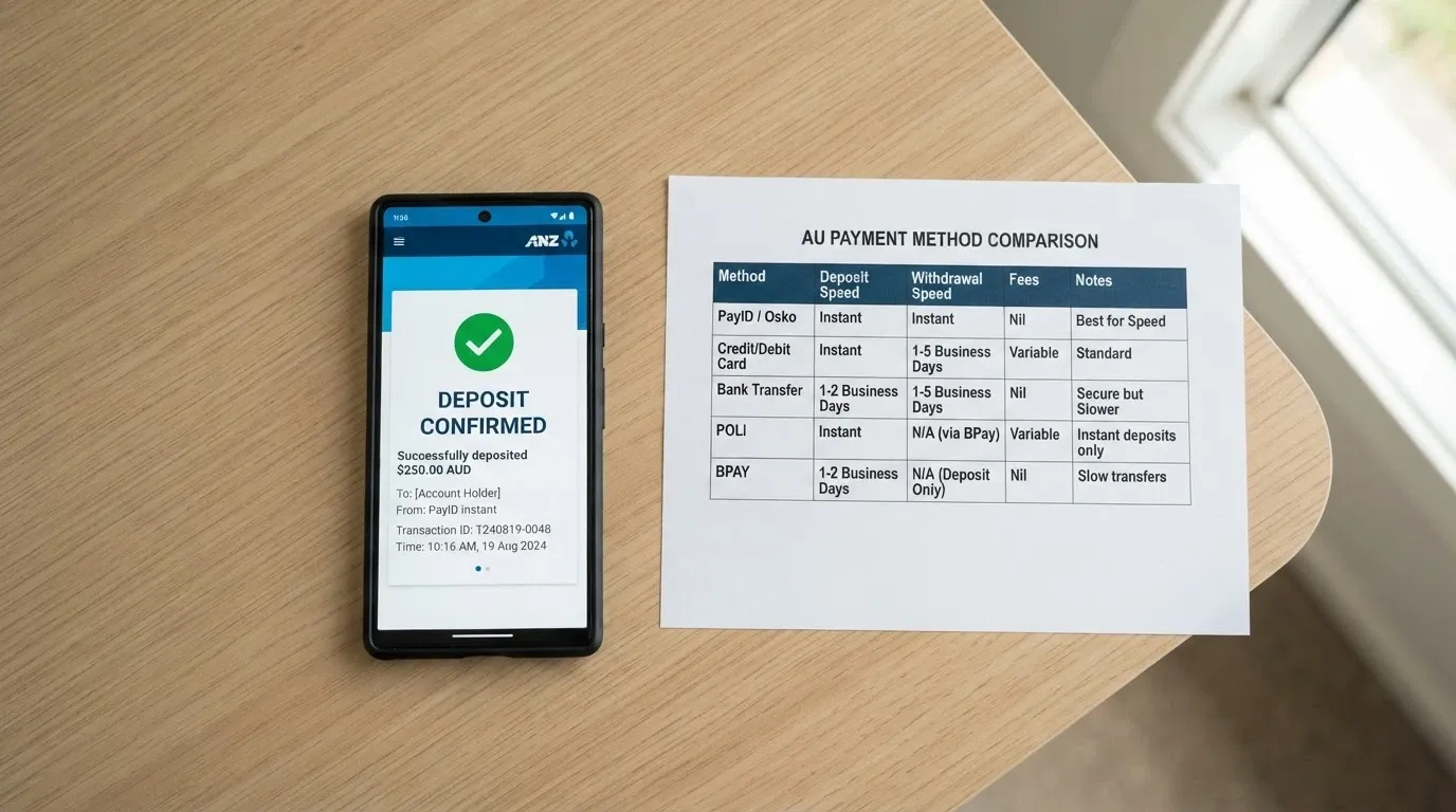 A smartphone showing a PayID deposit confirmation screen beside a payment-method comparison listing deposit and withdrawal times
