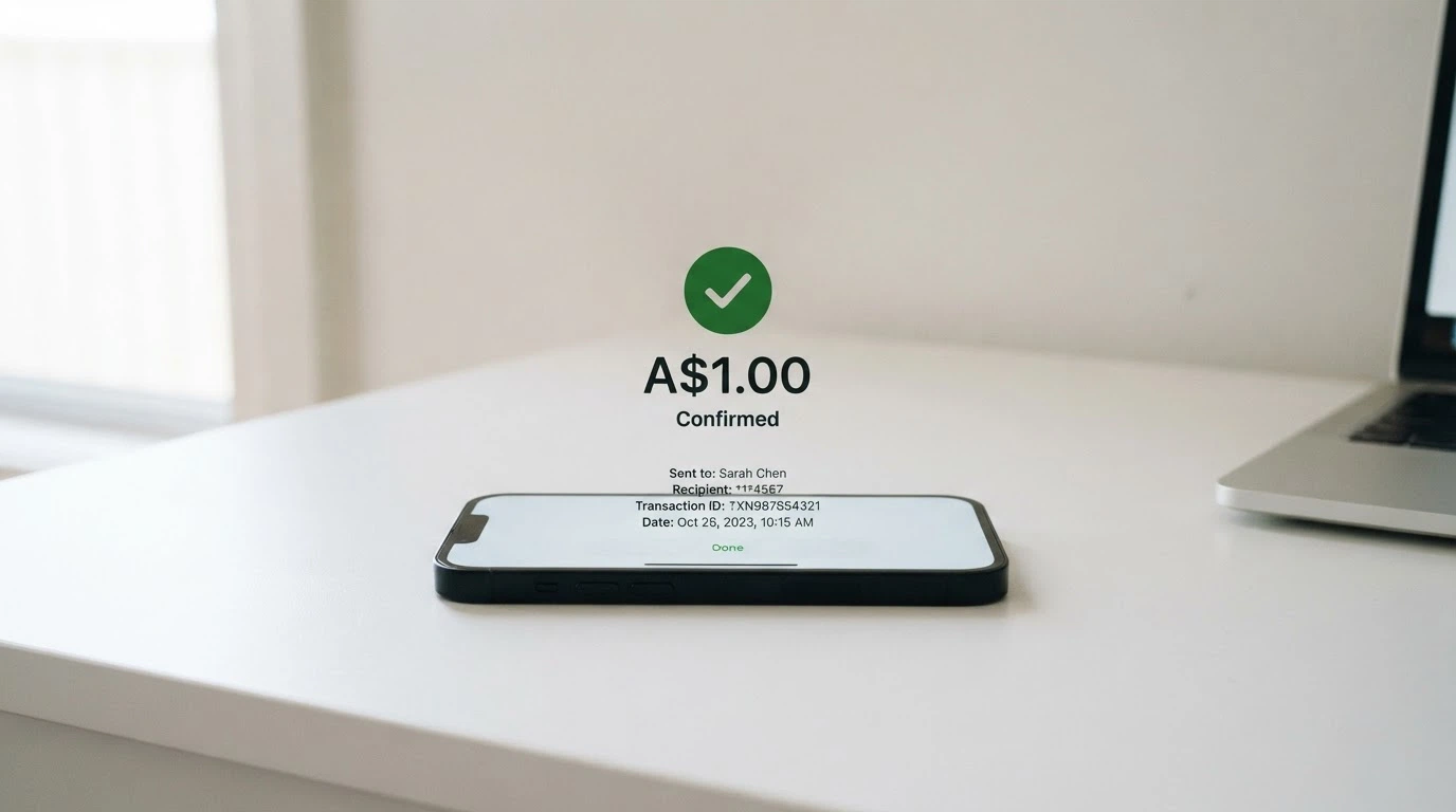 A smartphone screen showing a PayID transfer of A$1.00 with instant confirmation