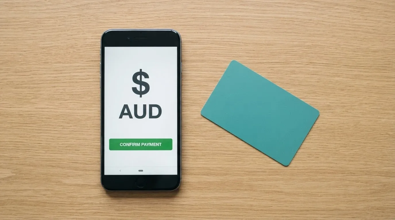 A smartphone displaying a PayID transaction screen with a bank app open beside it, Australian currency visible