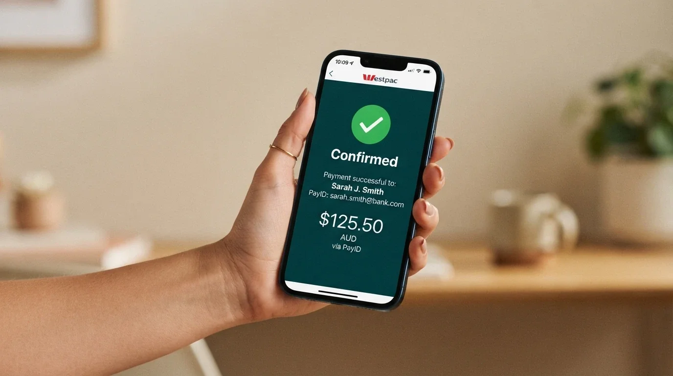 A smartphone showing a banking app with a PayID transfer confirmation screen