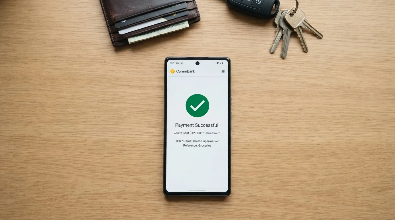 An Australian mobile phone showing a PayID deposit confirmation screen with a bank app open beside it