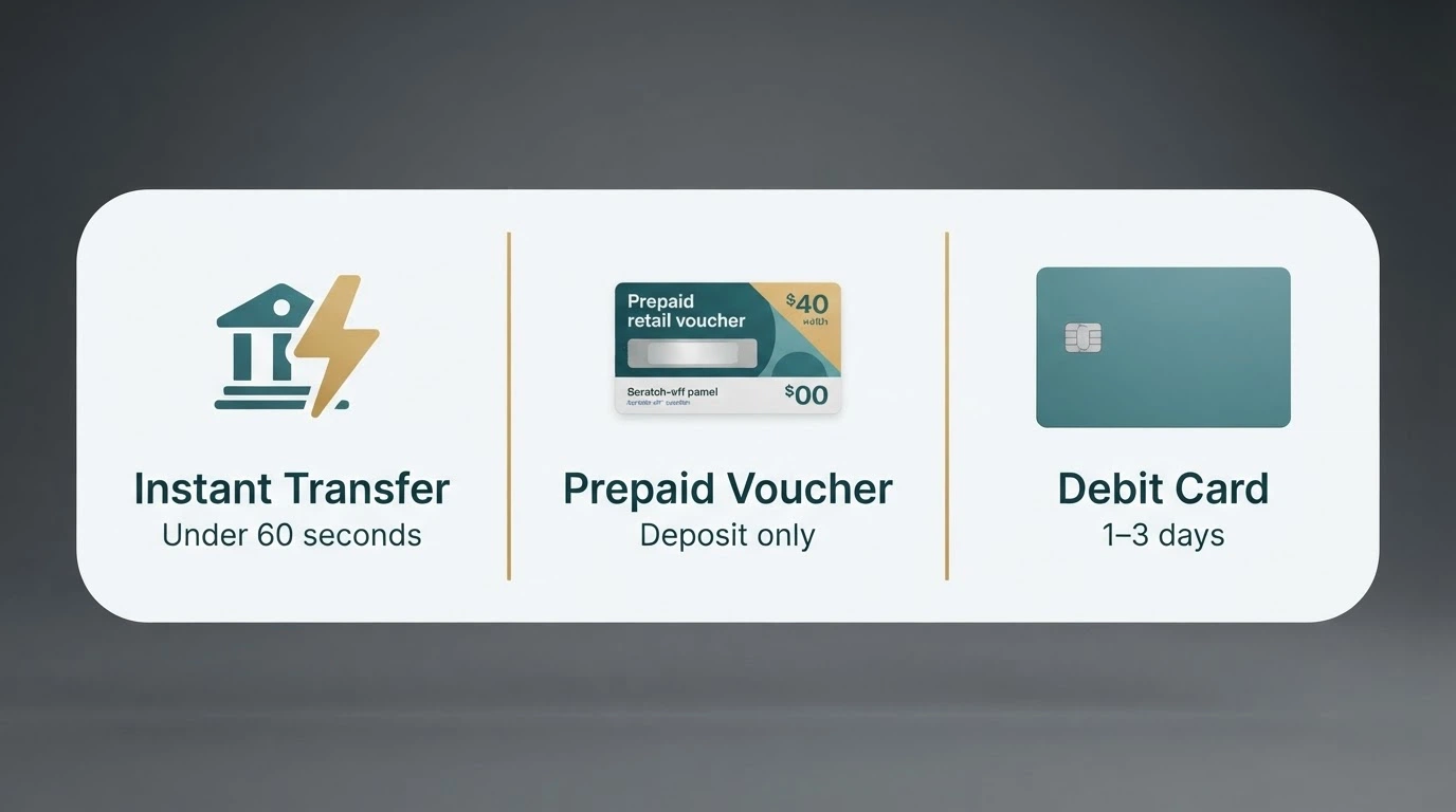 A split comparison of three payment logos — PayID, Neosurf voucher and a debit card — with speed labels beneath each