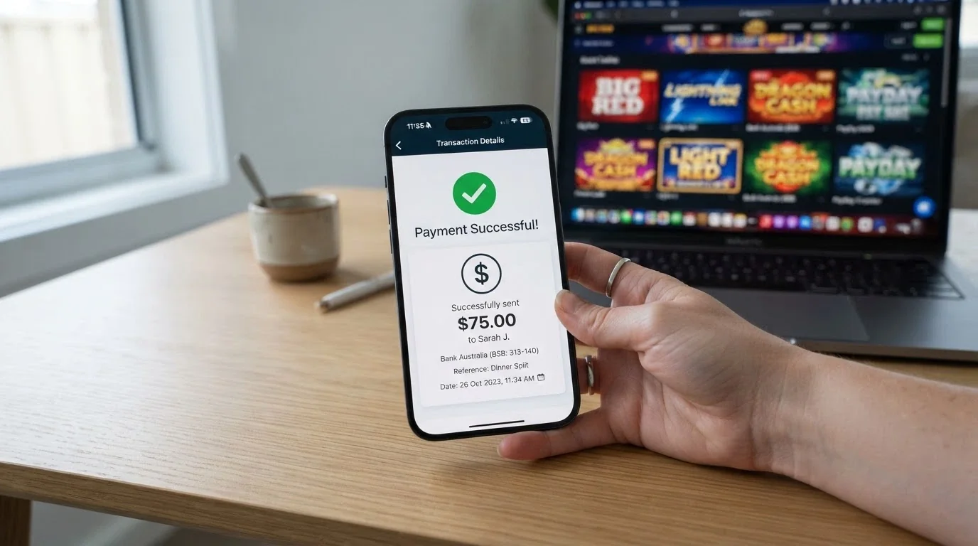 A smartphone displaying a PayID transfer confirmation screen with a casino lobby visible in the background