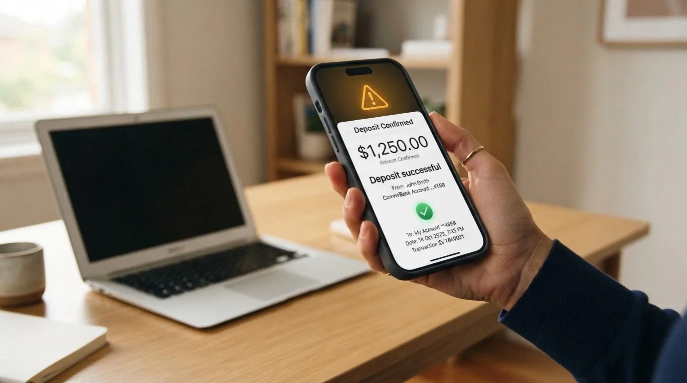 A smartphone screen showing a PayID deposit confirmation with a casino-branded interface behind it, a subtle warning icon overlaid
