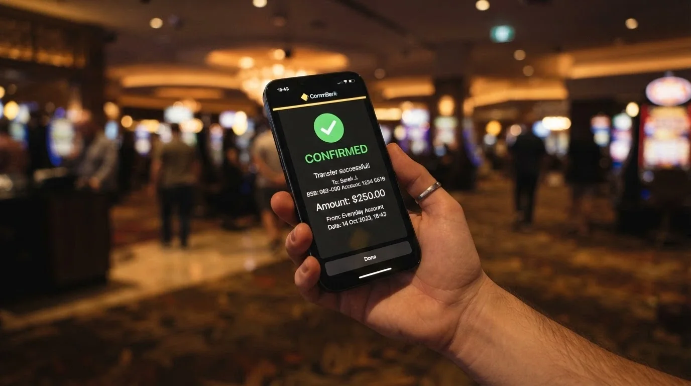 A smartphone showing a PayID transfer confirmation on a banking app, the screen reflecting a faint casino lobby in the glass, Australian bank branding visible