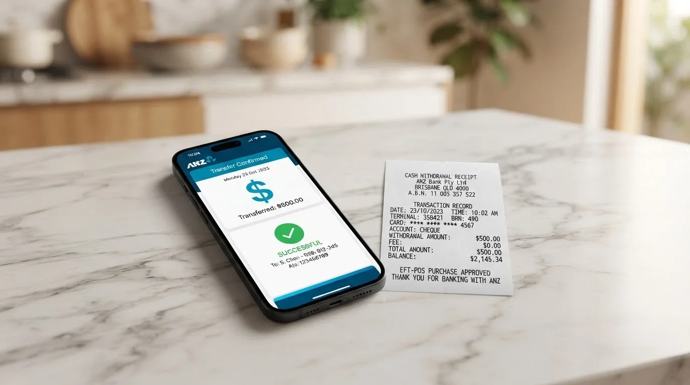 A smartphone showing a banking app's PayID transfer screen beside a casino withdrawal confirmation