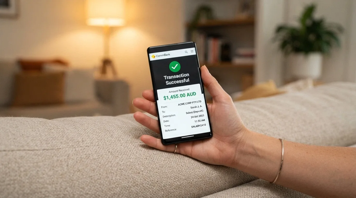 A smartphone showing a banking app screen with a completed PayID deposit confirmation and an Australian dollar figure