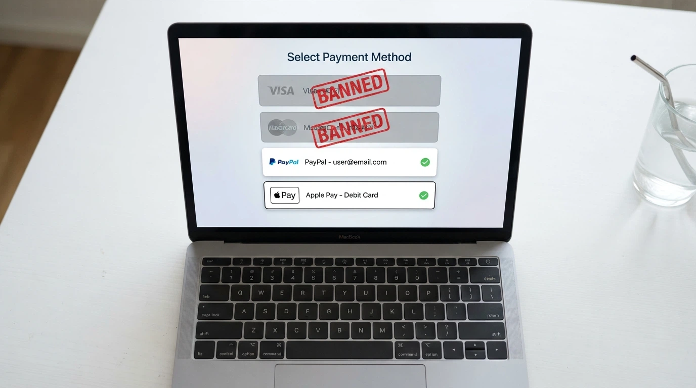A payment method selection screen with credit card and crypto options greyed out and stamped “BANNED IN AUSTRALIA — June 2024,” while PayID and debit card remain active