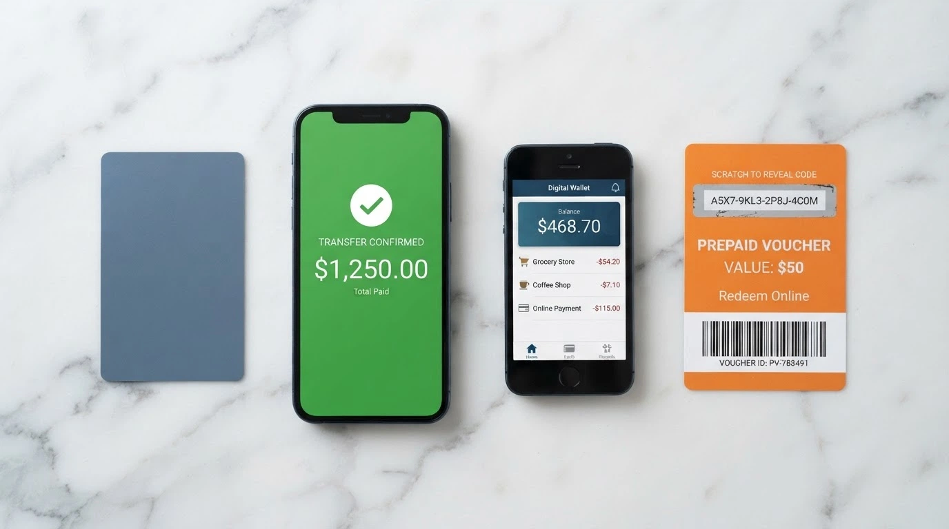 A flat-lay arrangement of a debit card, a smartphone showing a PayID transfer confirmation, an e-wallet app screen and a Neosurf prepaid voucher