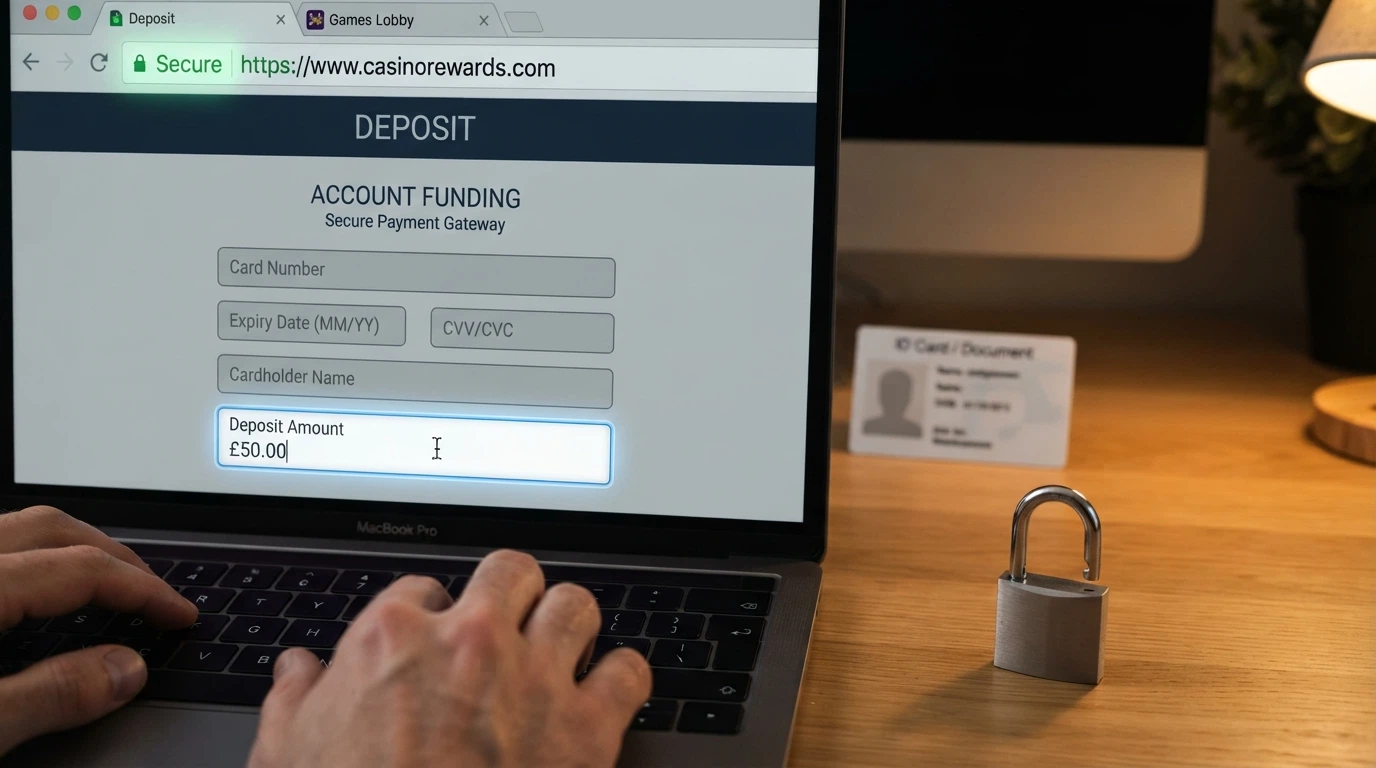 A close-up of a browser address bar with a padlock icon beside a casino deposit form, with an encryption-key visual and an ID document in the background