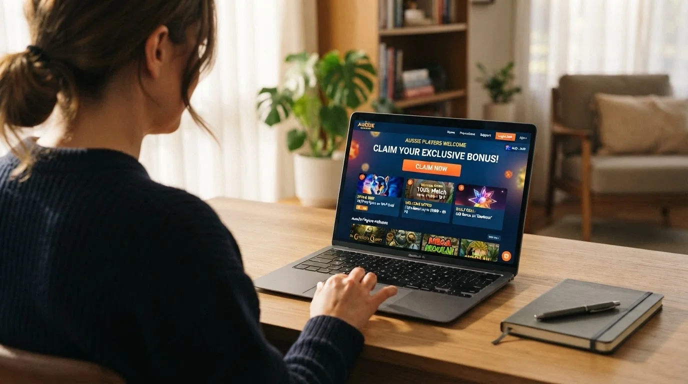A player's hand hovering over a laptop touchpad, casino bonus claim screen visible, with a thoughtful expression suggested by the framing