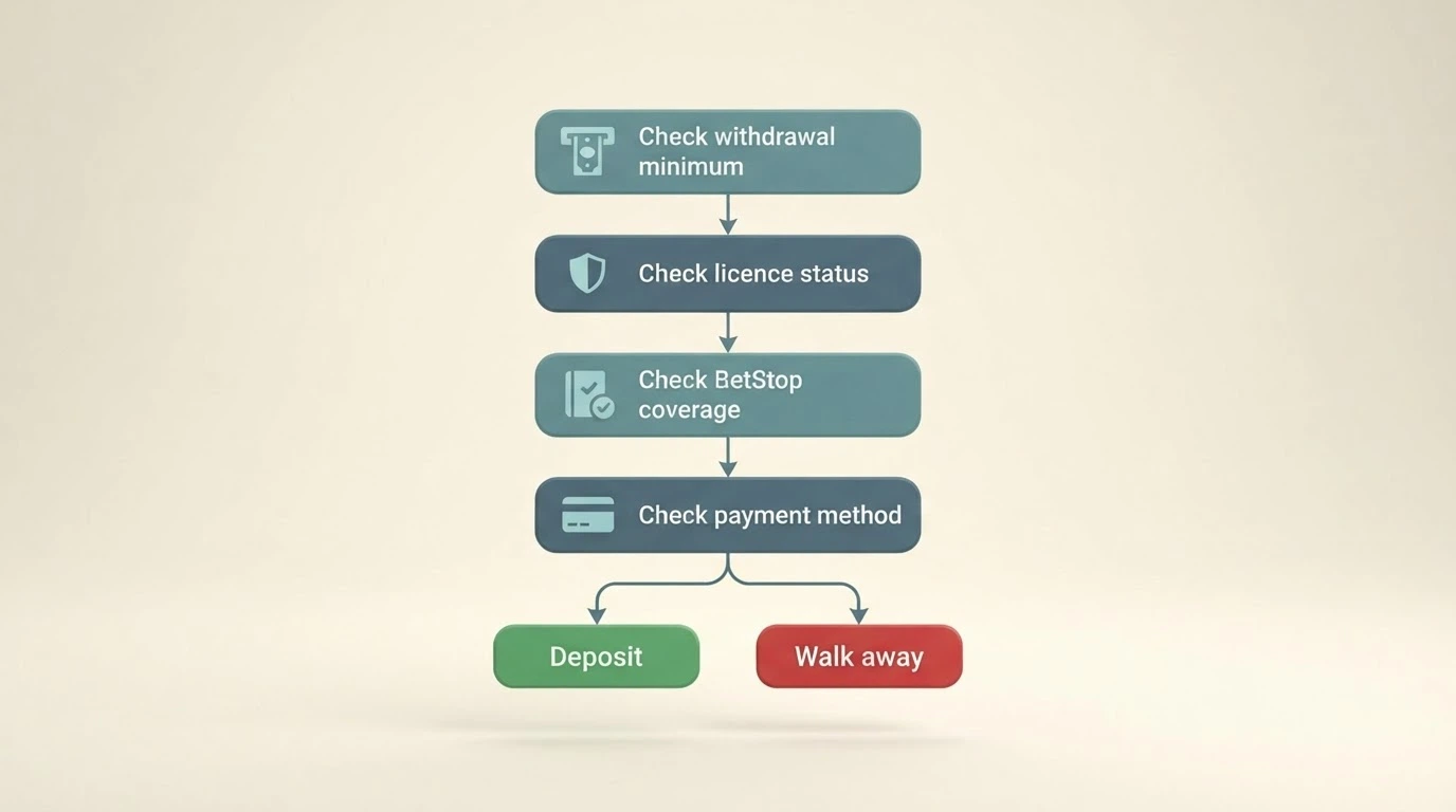 A simple decision-flow graphic: check withdrawal minimum → check licence status → check BetStop coverage → check payment method tells → deposit or walk away