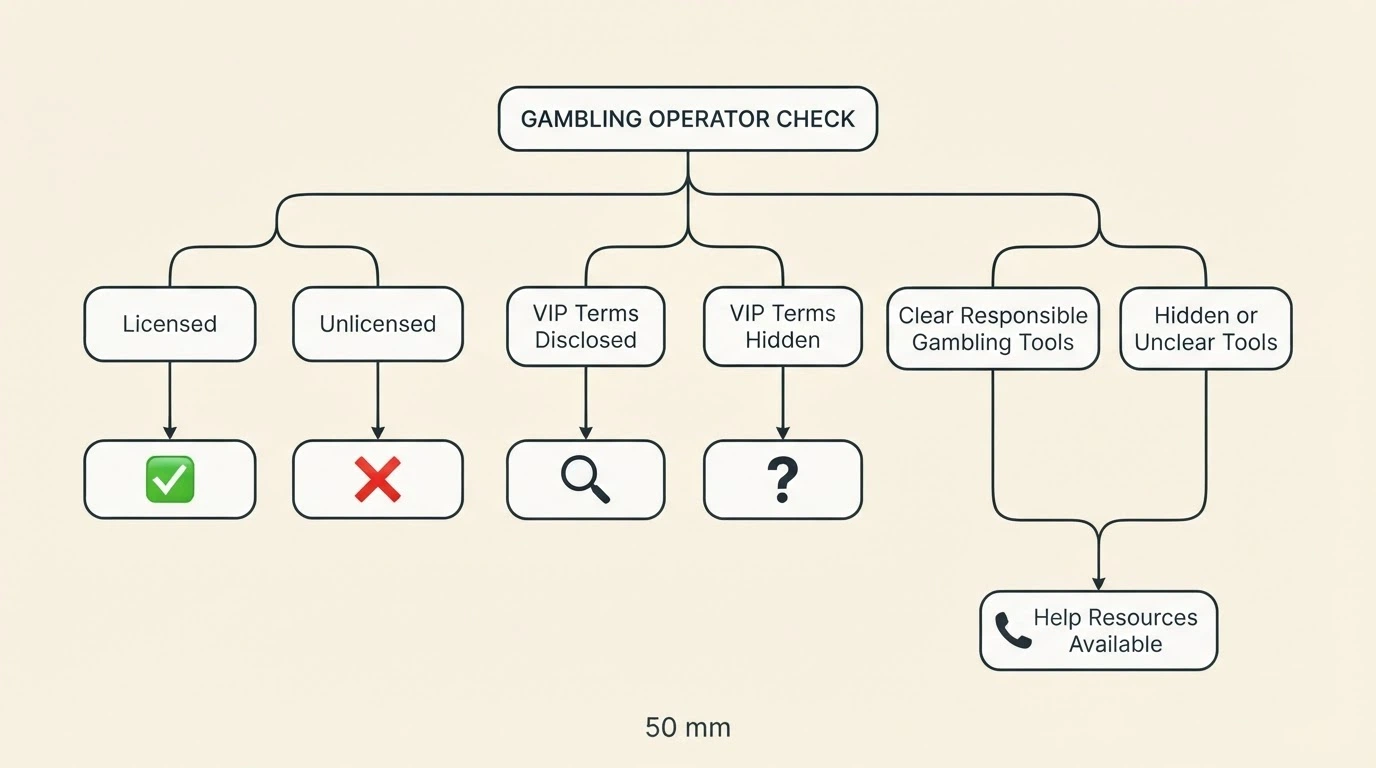 A simple decision-flow diagram with branches for licensed vs unlicensed, VIP terms disclosed vs hidden, and help resources available either way