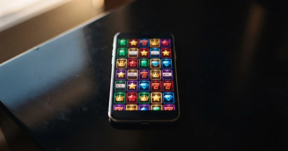 A smartphone displaying the Pocket Pokies Casino lobby with colourful pokies game tiles on screen, set against a dark background