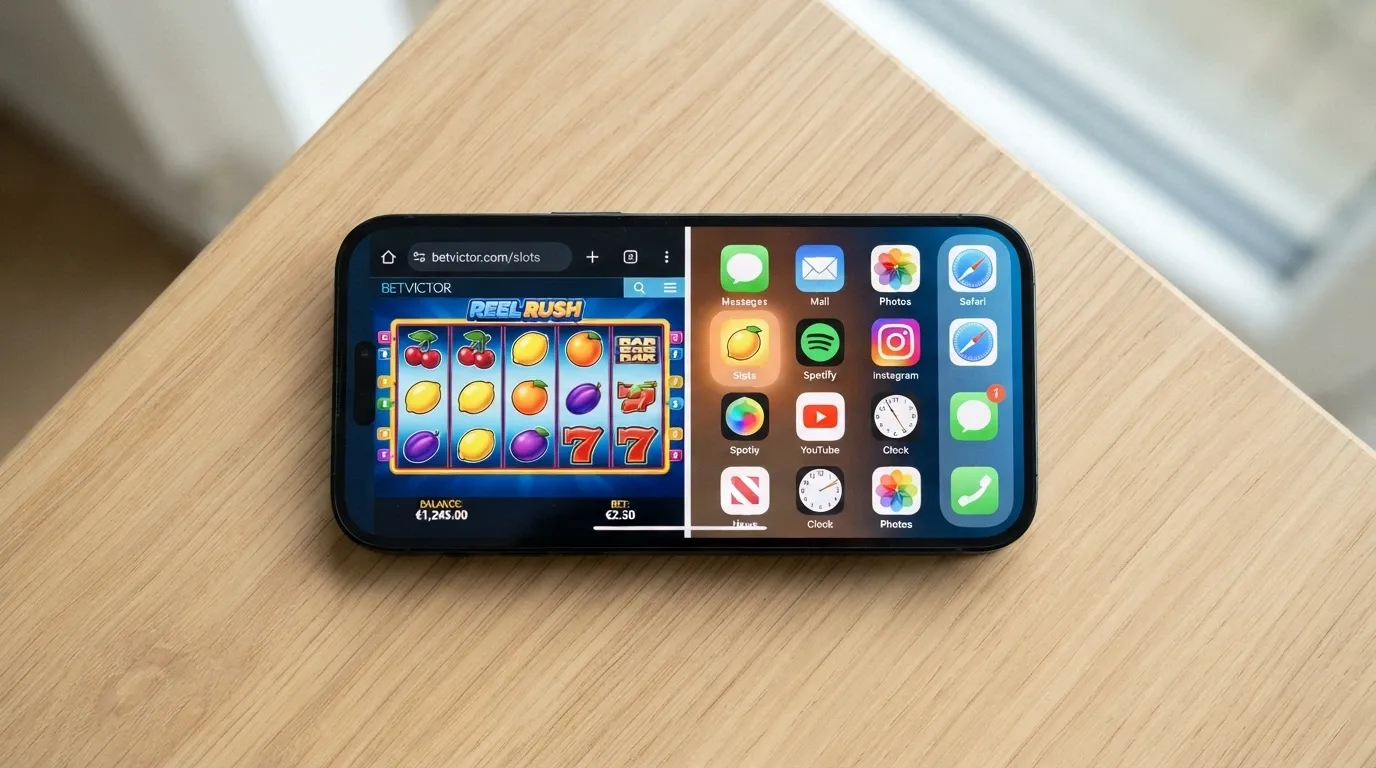 A split-screen view: on the left a pokies game open in a mobile browser, on the right the same game saved as a home-screen shortcut icon