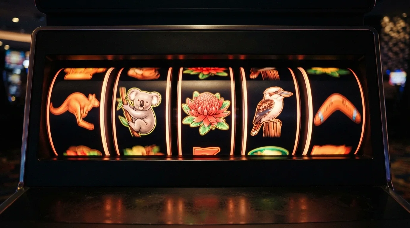 Five illuminated online pokie reels spinning with Australian-native symbols — kangaroo, koala, waratah flower — against a dark background with no branding