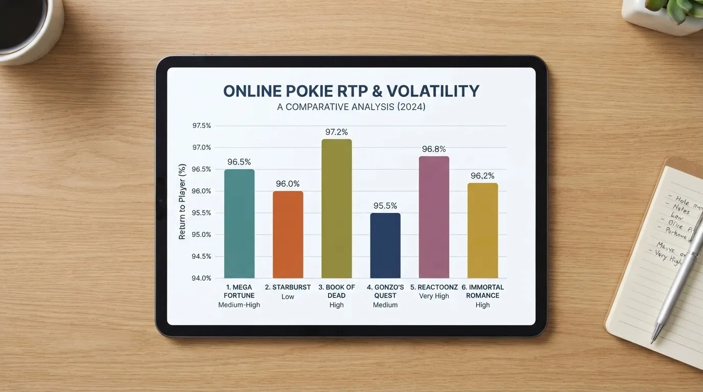 A bar chart comparing six popular online pokies by RTP percentage, with volatility labelled as low/medium/high beneath each bar