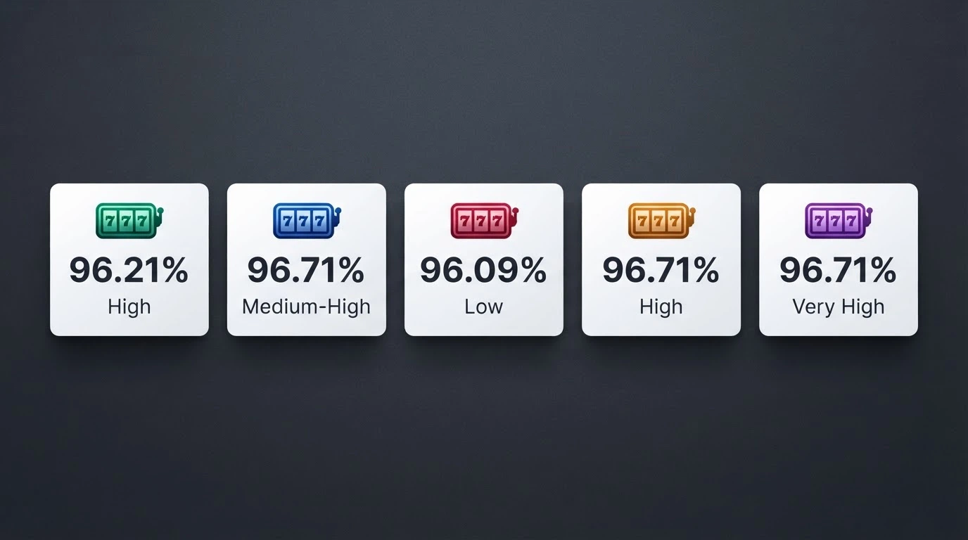 A grid of five slot-title cards each showing the game's name, RTP percentage and a volatility label, arranged across a dark game-lobby background