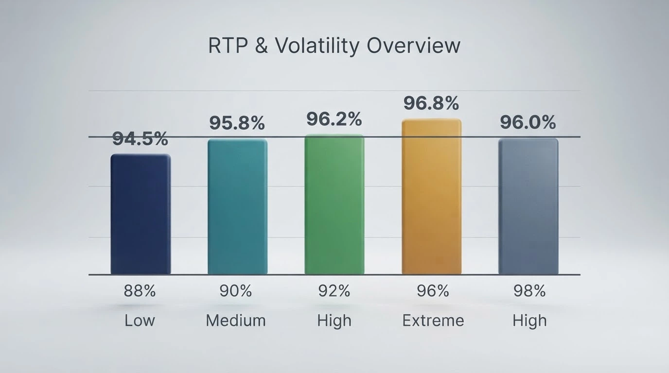 A bar chart ranking pokie titles by RTP percentage, with volatility labels beneath each bar