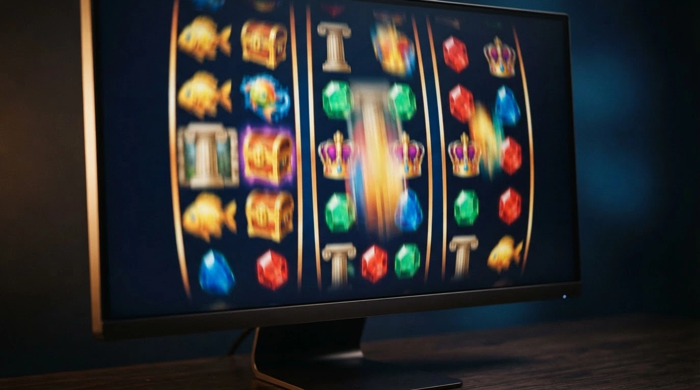A close-up of three online pokies reels from Big Bass Splash, Gates of Olympus and Sweet Bonanza spinning on a desktop screen