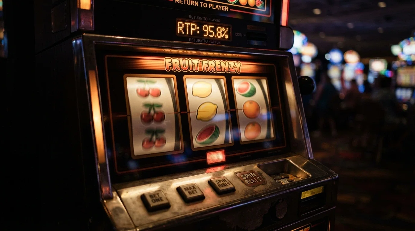 Close-up of spinning pokie reels with fruit symbols and a glowing RTP percentage overlay