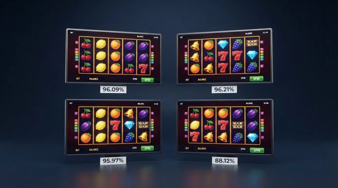 A grid of four popular online slot game title cards — Starburst, Book of Dead, Gonzo's Quest and Mega Moolah — each labelled with its RTP percentage
