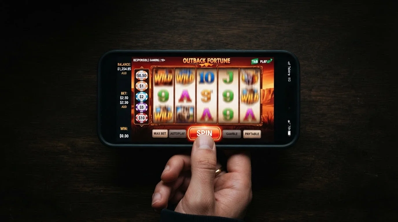 A close-up of a finger tapping a spin button on a pokie game running in Safari on an iPhone, with the reels mid-spin