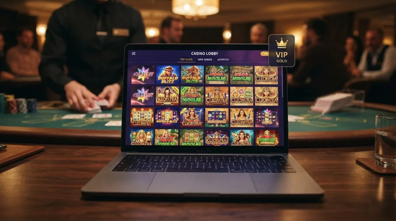 A row of online pokie game thumbnails with a VIP badge overlay and a live dealer table visible in the background