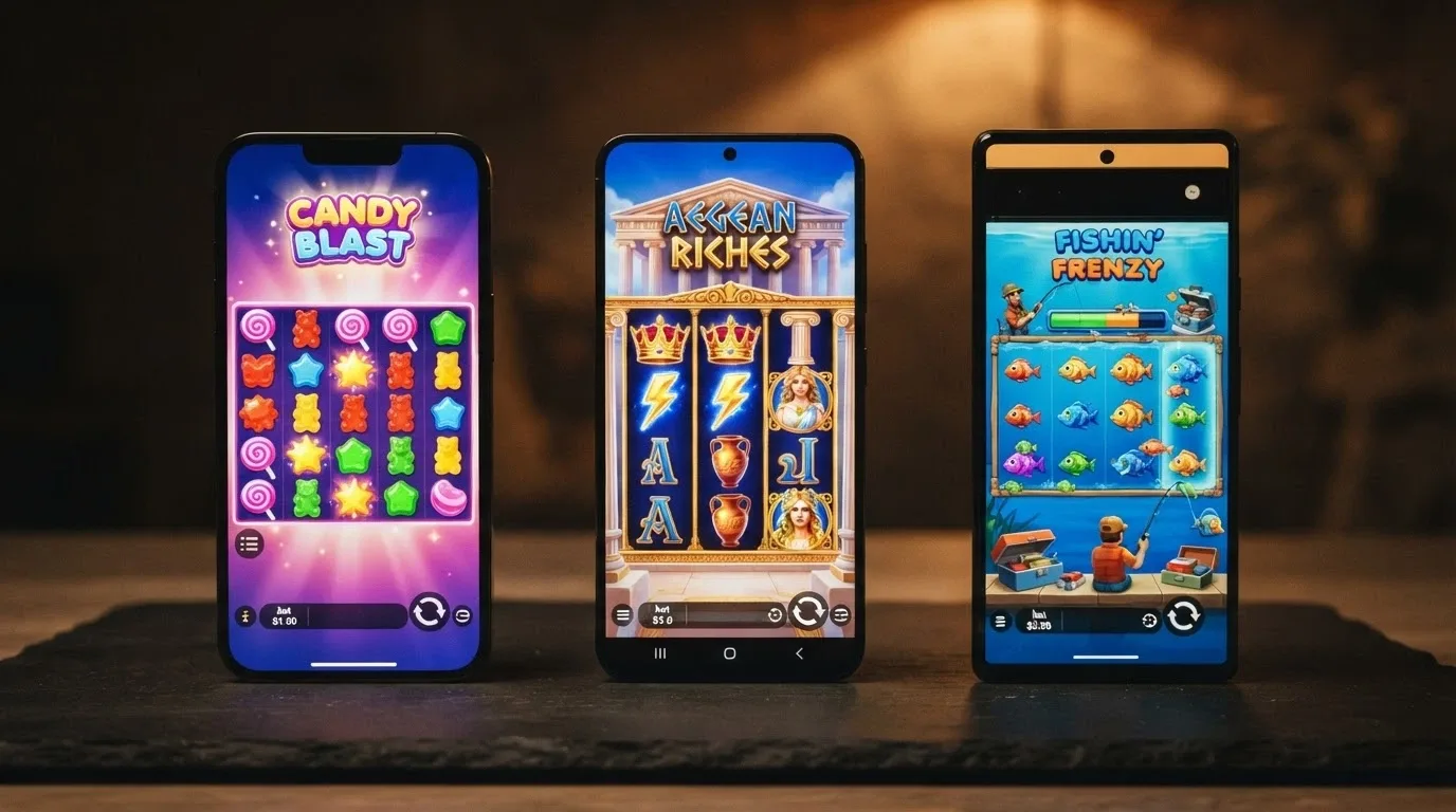 Three smartphone screens in a row showing different pokie reels — Sweet Bonanza, Gates of Olympus and Big Bass Bonanza