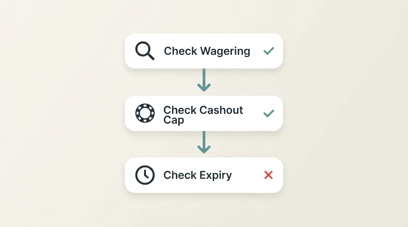 A simple three-step decision diagram: check wagering → check cashout cap → check expiry, with a green tick or red cross at each gate