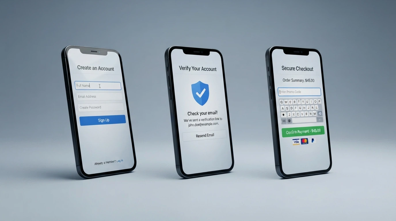A three-step illustration of the redemption flow: sign-up form, verification screen, and cashier bonus field with a code being entered