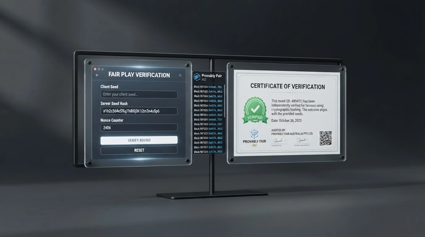 A split-screen comparison showing a provably-fair verification panel with client seed and server seed fields on one side and a traditional casino RNG certificate on the other, with a Litecoin blockchain explorer window visible