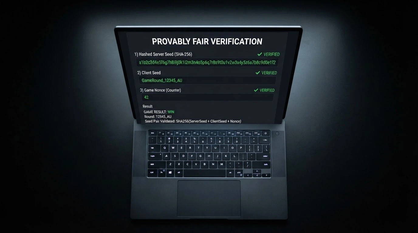 A screenshot of a provably fair verification tool showing a client seed, server seed and nonce for a completed game round