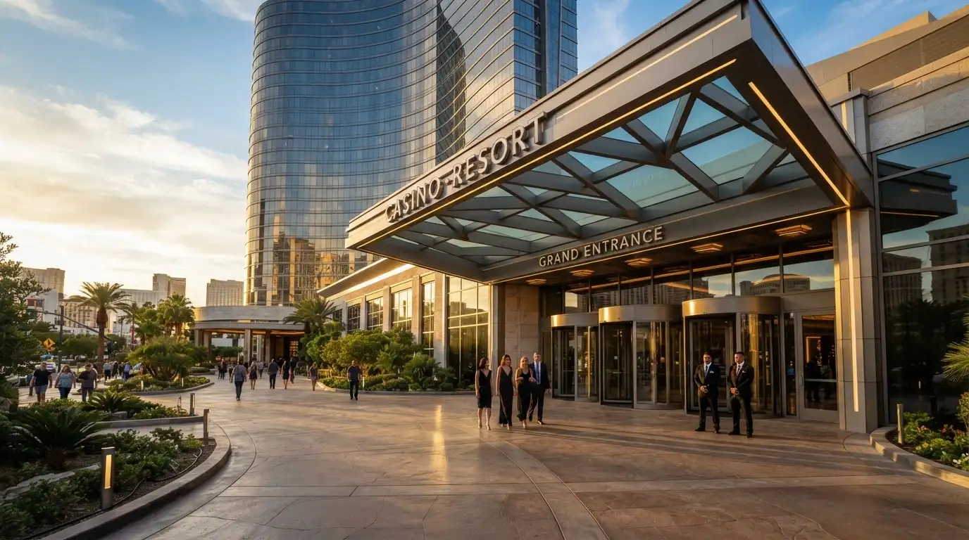 The main casino entrance at 33 William Street with the Queen's Wharf tower rising behind it