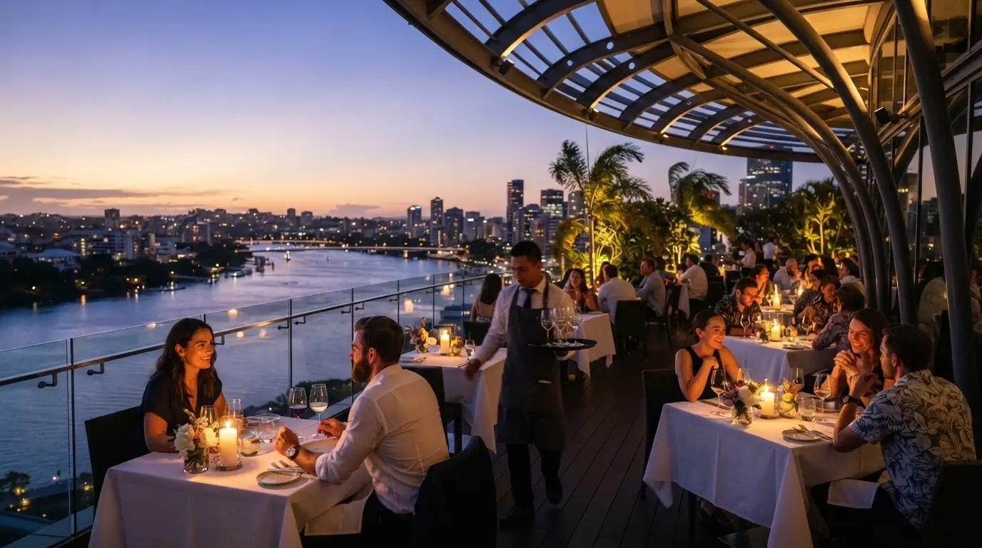 The Sky Deck at dusk 100 metres above the street with diners at Aloria and the Brisbane River beyond