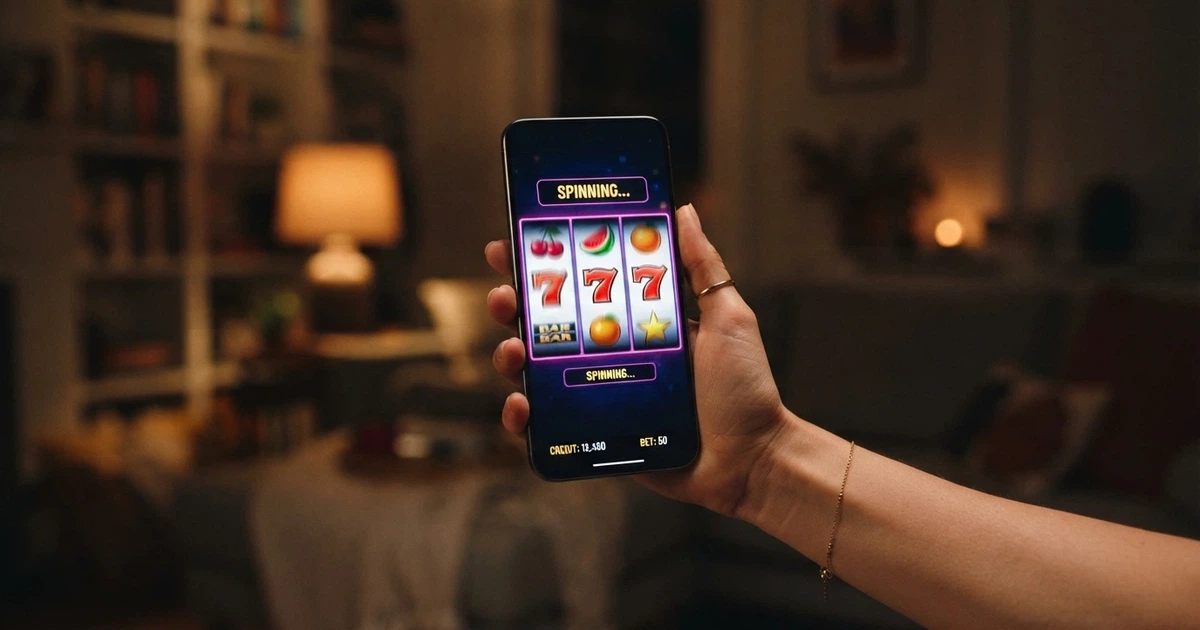 An Android smartphone held in one hand displaying colourful pokies reels with classic fruit and lucky-7 symbols