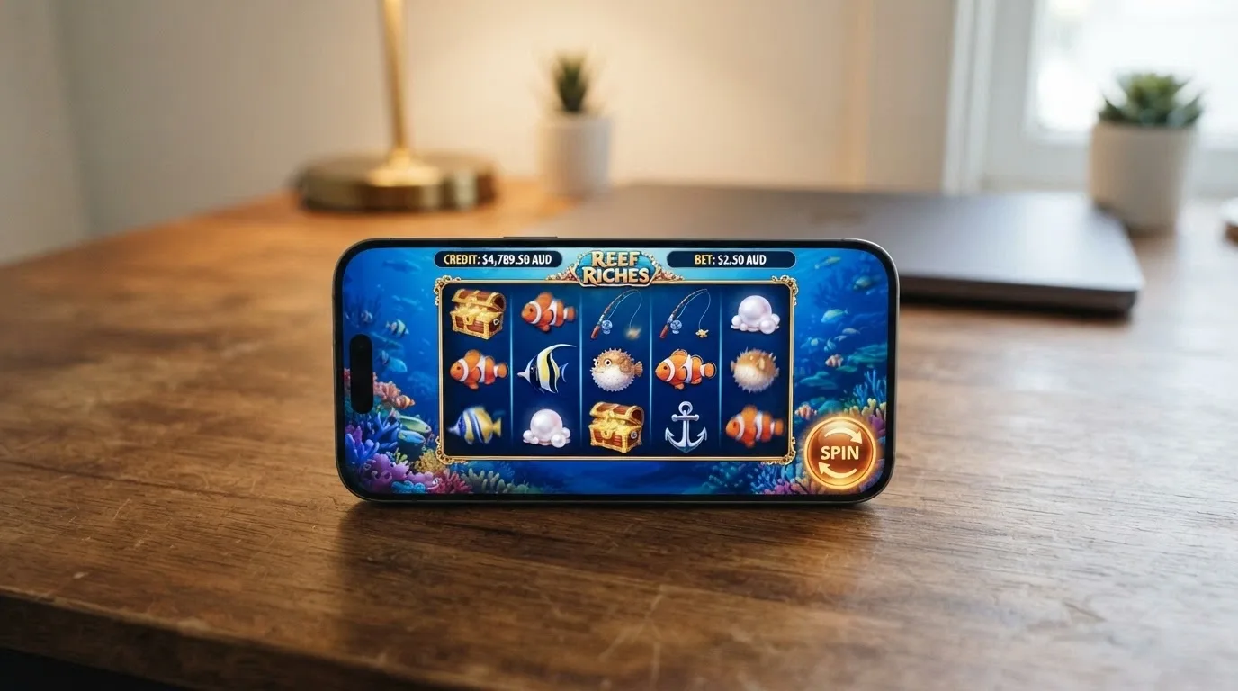 An iPhone in landscape orientation displaying a real-money pokie game with an AUD balance visible in the top bar