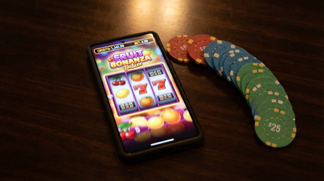 A close-up of a pokies game running on a smartphone with Australian dollar notes visible beside the device