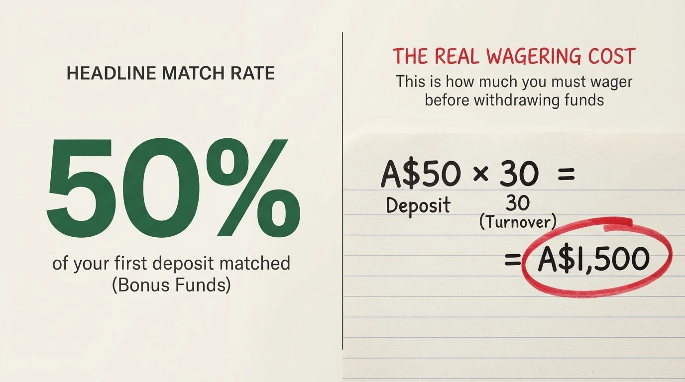 A split-comparison visual: one side shows a bold bonus match percentage, the other side shows the wagering-multiple calculation with the turnover figure circled