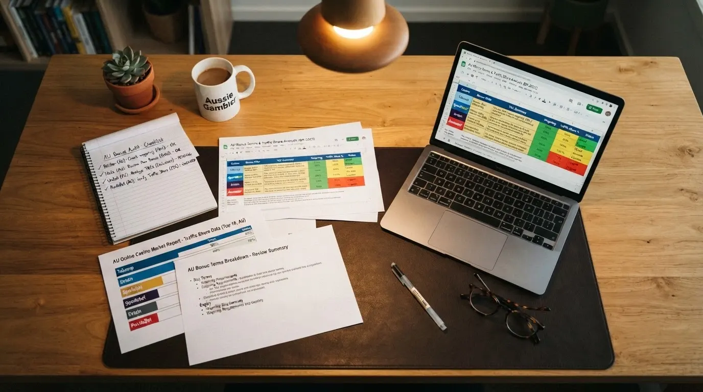 A desk with research notes, a laptop showing casino comparison data and a notepad with evaluation criteria