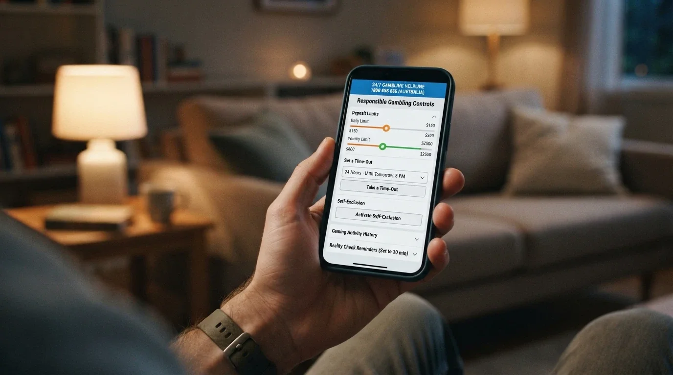 A responsible-gambling settings panel showing deposit-limit sliders, a time-out option and a self-exclusion button alongside a helpline number