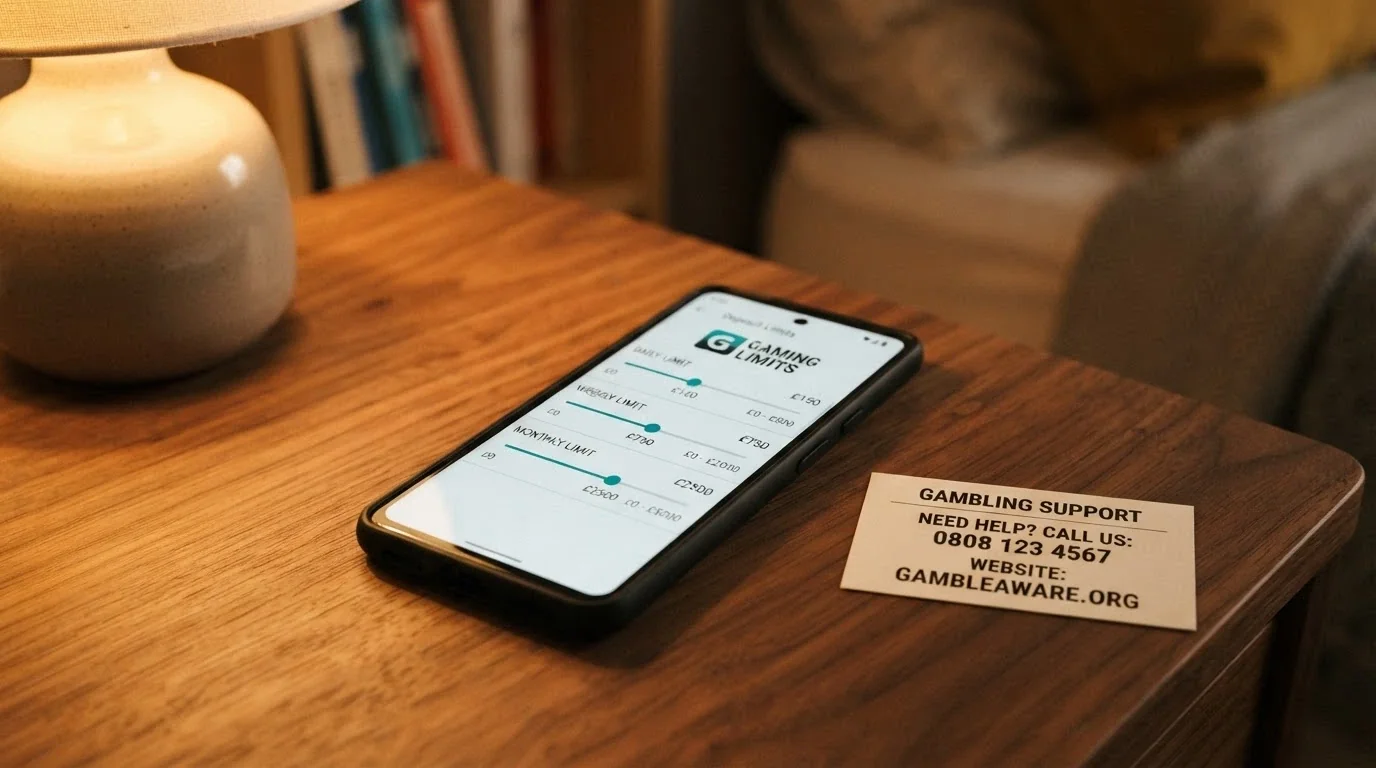 A smartphone screen showing a deposit-limit settings page with sliders for daily, weekly and monthly caps, beside the BetStop logo