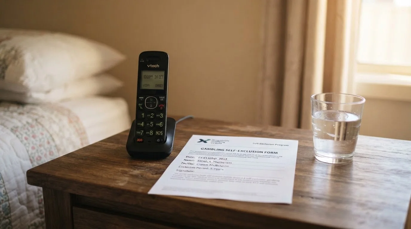 Helpline phone on a desk beside a self-exclusion form and a glass of water