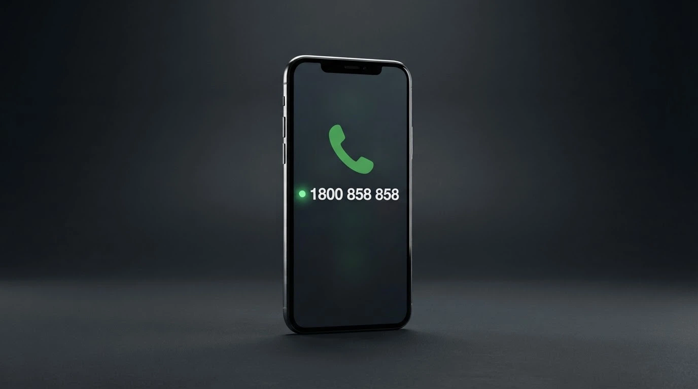 A 24/7 helpline phone icon beside the number 1800 858 858 on a dark background with a green available-now indicator