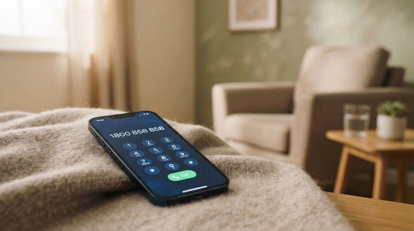 A close-up of a phone dialler showing 1800 858 858 on screen, with a calm counselling-environment background