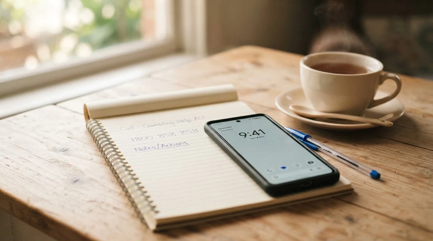 A phone handset resting on a notepad with “1800 858 858” handwritten, a cup of tea beside it, natural light