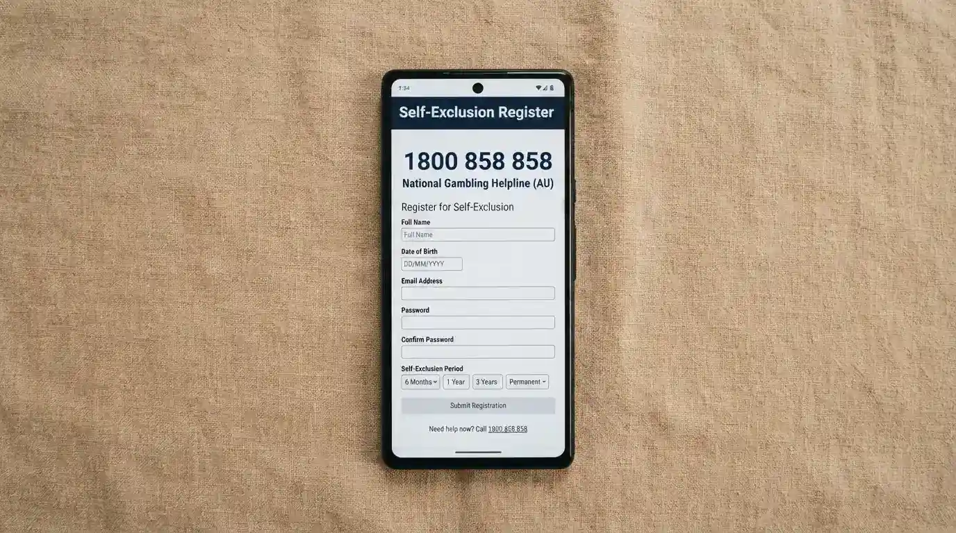 A phone screen showing the BetStop registration page with the National Gambling Helpline number 1800 858 858 visible